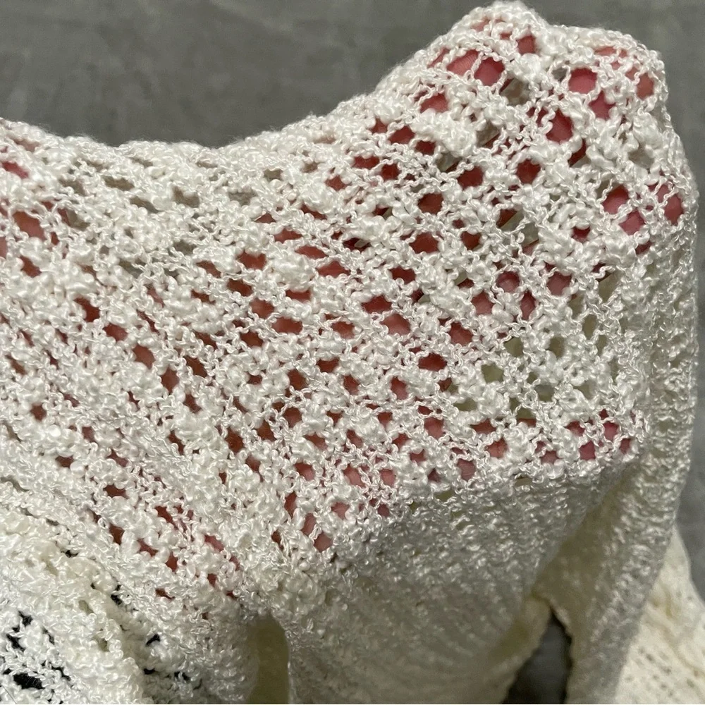 Rewind Ivory Crochet Knit Sweater Ribbon Sleeve Detail Lightweight Size XXL
